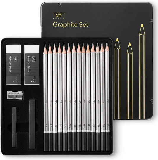 19 Pcs Drawing Pencil Set: Graphite Pencils 10B-6H, Sticks, Erasers, Sharpener for Art Sketching