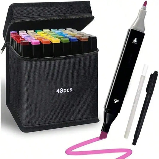 48 Vibrant Dual Tip Art Markers (Brush & Chisel) - Non-Bleed Quick-Dry Sketch Pens For Adults Teens Beginners | Coloring Books Crafting Drawing Journaling Supplies With Storage Case
