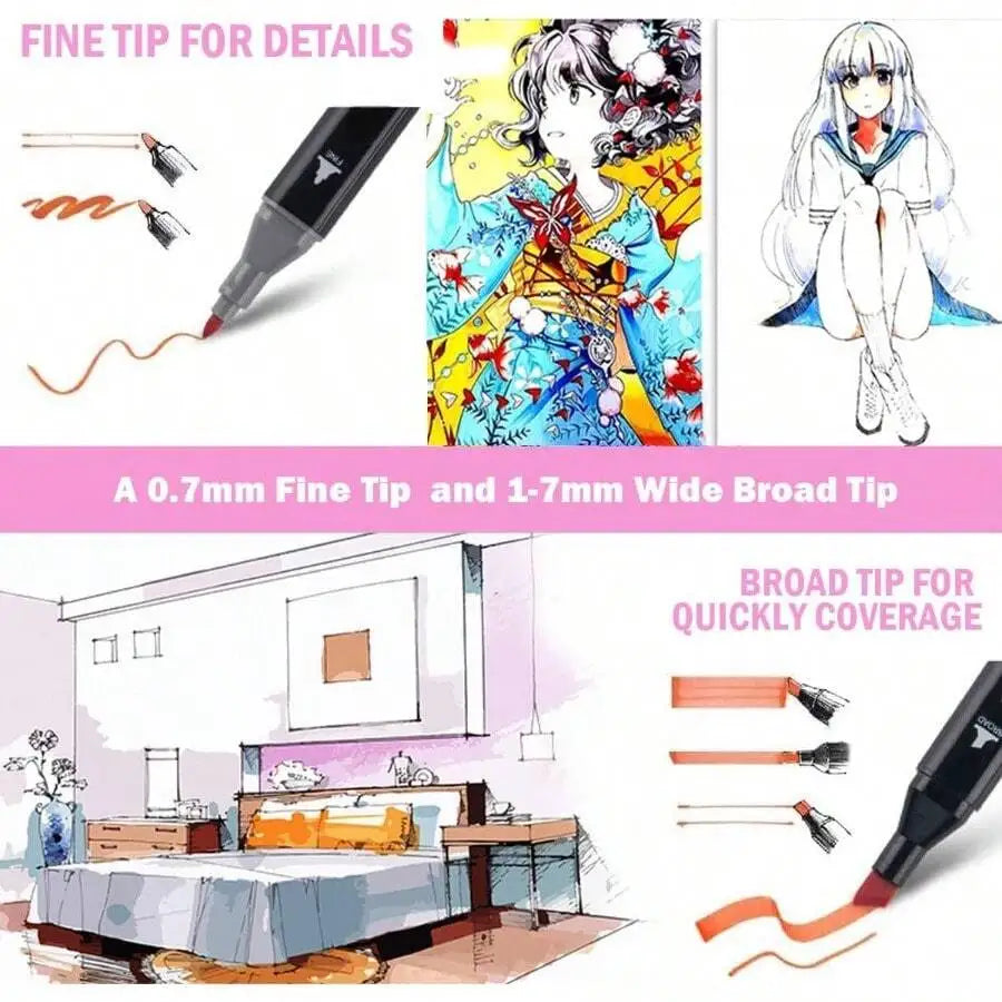 48 Vibrant Dual Tip Art Markers (Brush & Chisel) - Non-Bleed Quick-Dry Sketch Pens For Adults Teens Beginners | Coloring Books Crafting Drawing Journaling Supplies With Storage Case