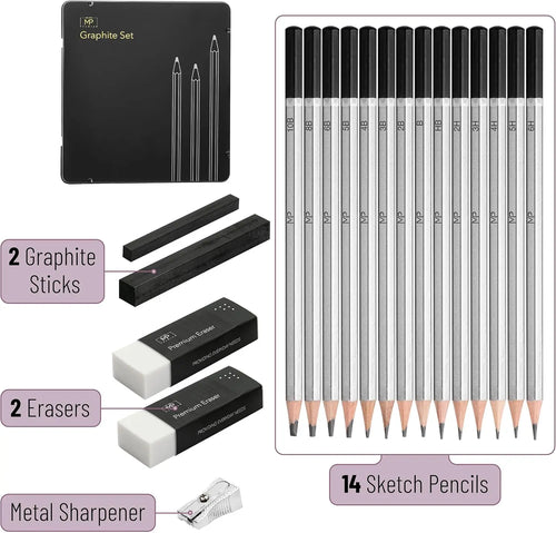 19 Pcs Drawing Pencil Set: Graphite Pencils 10B-6H, Sticks, Erasers, Sharpener for Art Sketching